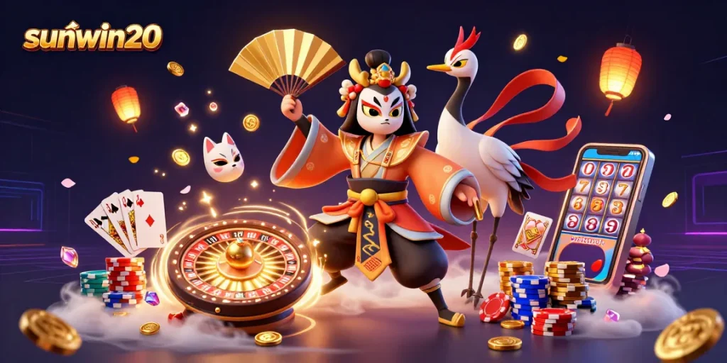 Experience the excitement of sunwin20 with a kabuki warrior amidst casino elements and enchanting details.