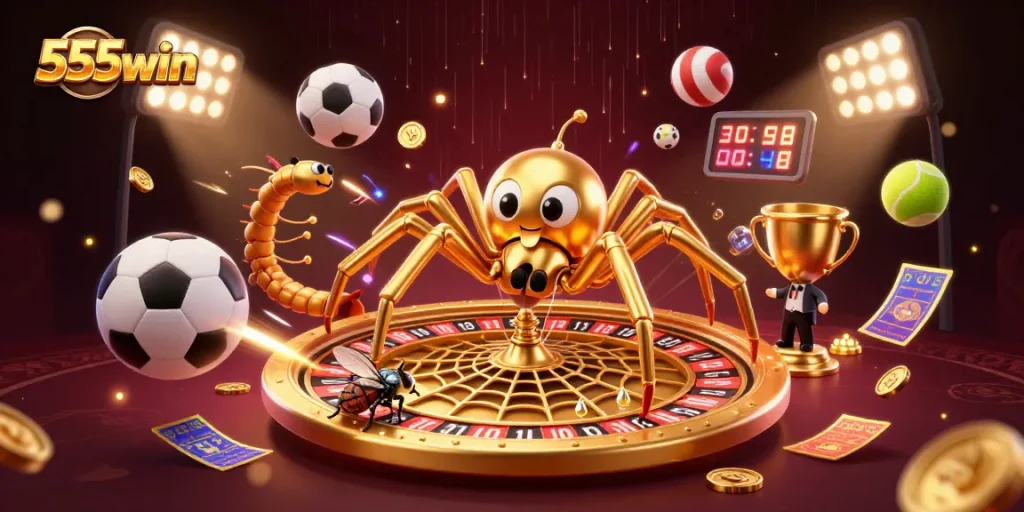 Experience thrilling action with 555win as a cartoon spider spins a roulette wheel in an exciting casino scene.