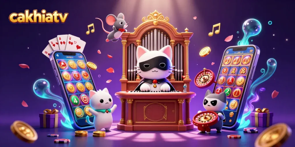 Experience the excitement of cakhiatv with vibrant 3D characters and dynamic gambling elements in a colorful scene.