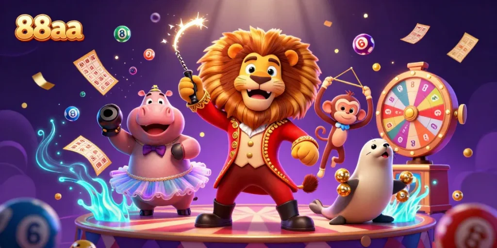 Experience the thrills of 88aa with dynamic lottery elements and colorful characters in a vibrant gambling scene.