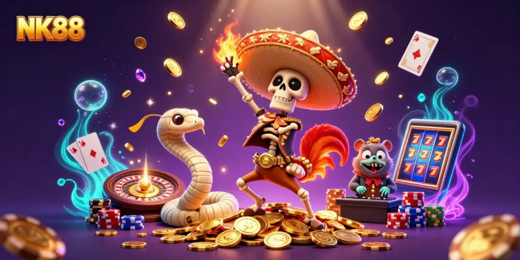 Experience excitement with NK88 as a mariachi rooster dances amid vibrant casino elements.