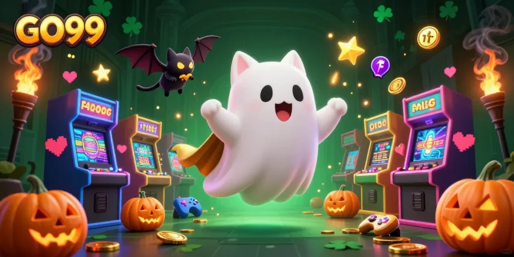 Engage with GO99's thrilling gaming experience featuring a ghost cat in a vibrant casino