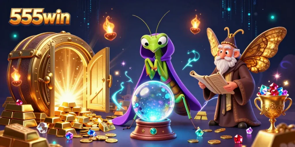 Engage with the thrilling world of 555win's online gambling, featuring vibrant characters and treasure.