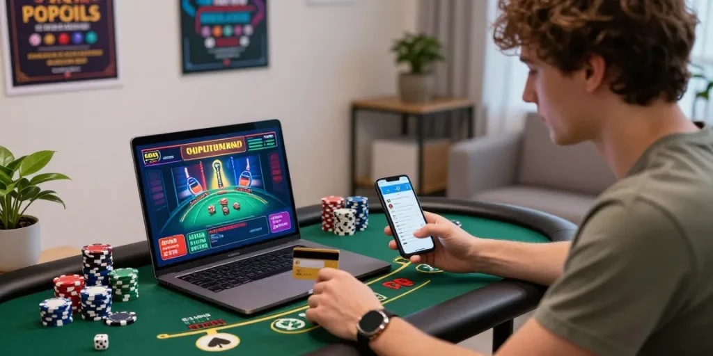 Engaging scene at online casinos that accept credit cards showing a player poised for gaming success.